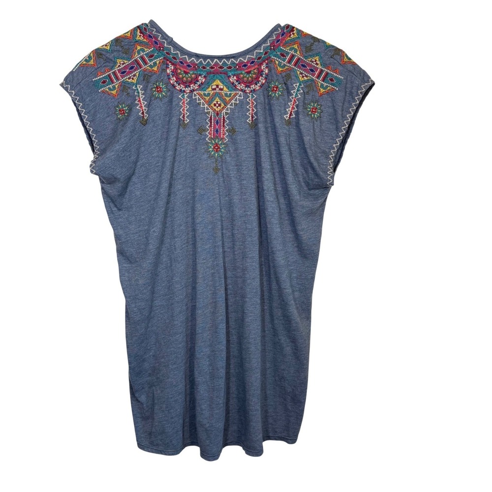 Johnny Was Embroidered V-Neck Cap Sleeve Boho Top Heathered Blue light Cotton S - Picture 2 of 10